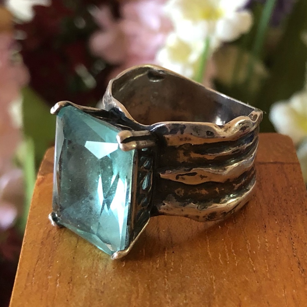Vintage Silpada Sterling Silver Aqua Glass Statement Ring Size 8 - Picture 3 of 14